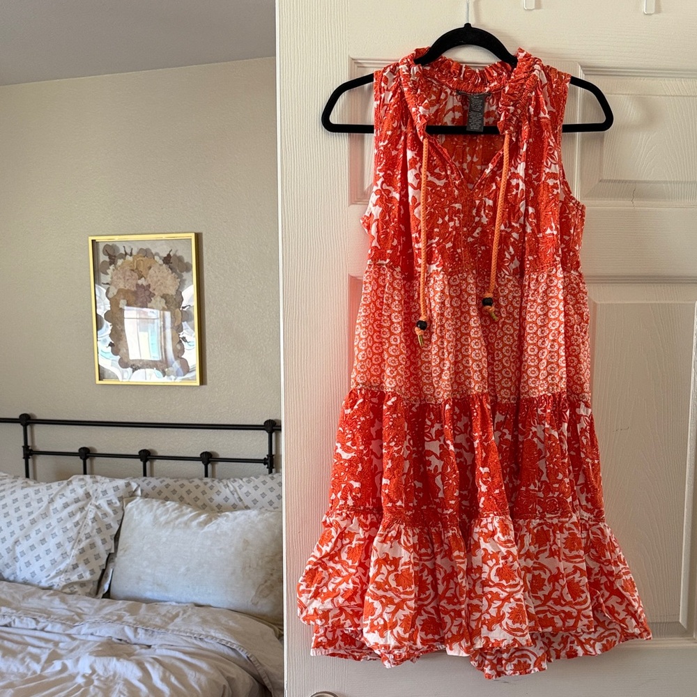 Chelsea & Theodore Orange and White Patterned Mini Dress, Barley worn, Size S